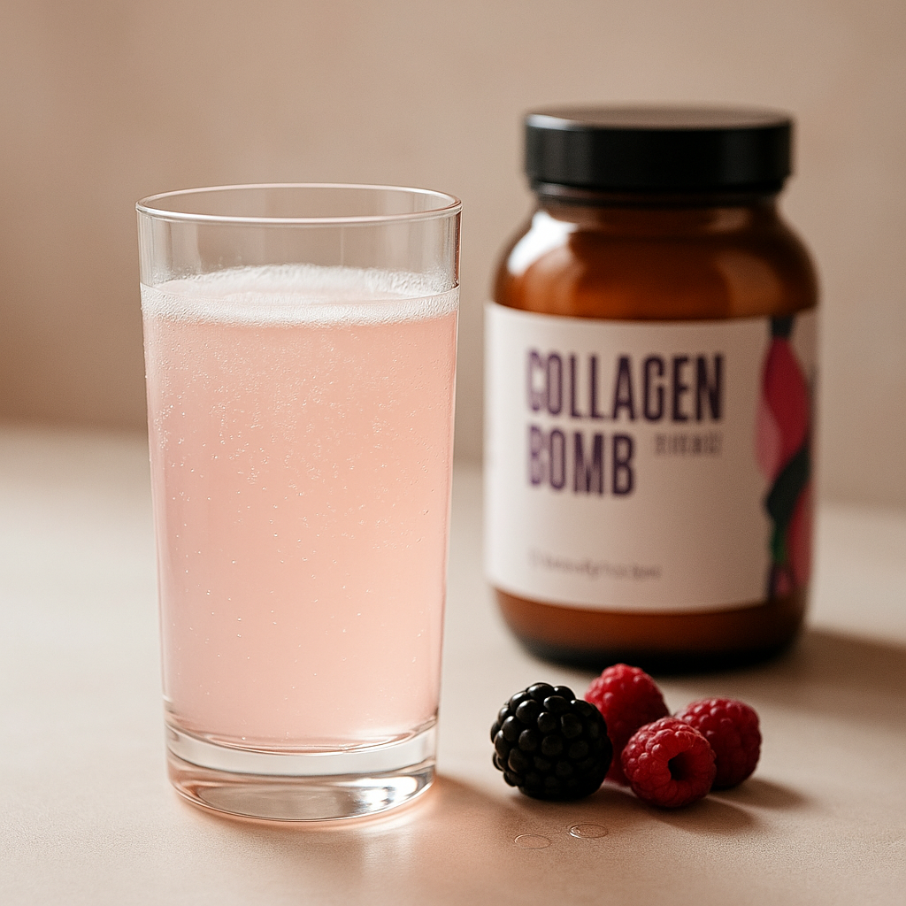 Ein Glas Beautyhacker Collagen Drink in zartem Rosé, daneben frische Früchte und die Produktverpackung in natürlichem Licht.