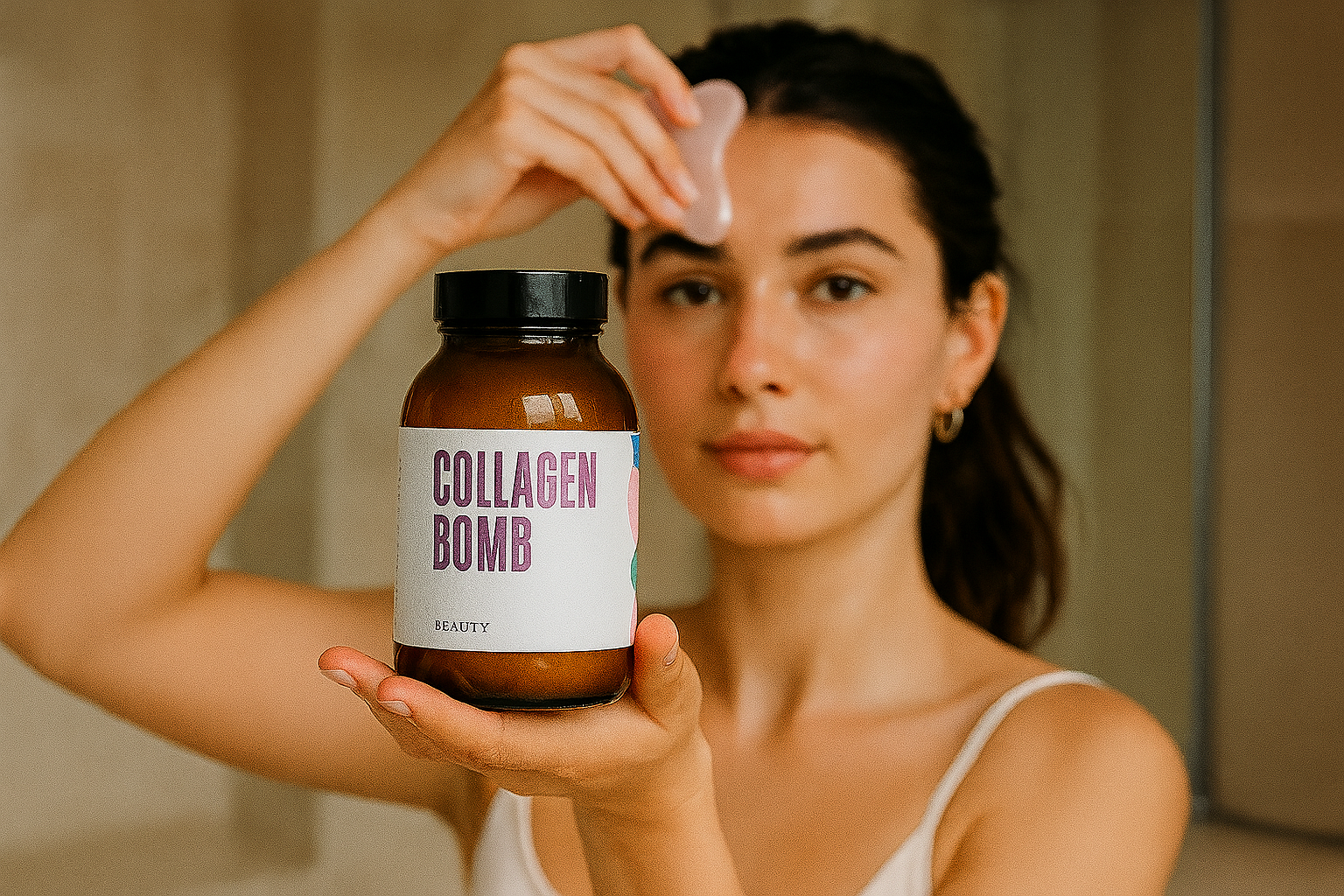 Eine Frau bei ihrer morgendlichen Gesichtspflege mit Gua Sha, vor ihr ein Glas Beautyhacker Collagen Drink – Symbol für die perfekte Kombination aus Innen- und Außenpflege.