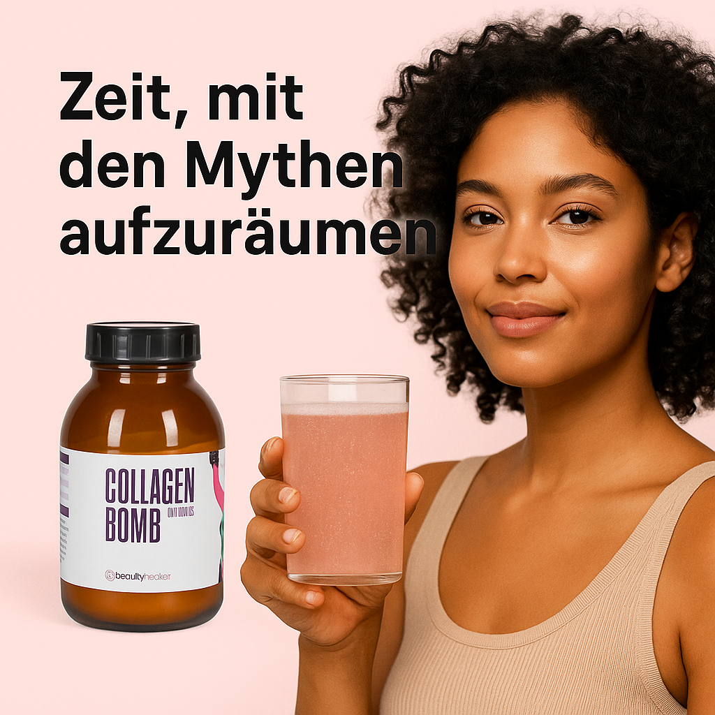 unge Frau mit strahlender Haut, daneben ein Collagen Drink in zartem Rosé – Sinnbild für natürliche Schönheit durch hochwertige Inhaltsstoffe.