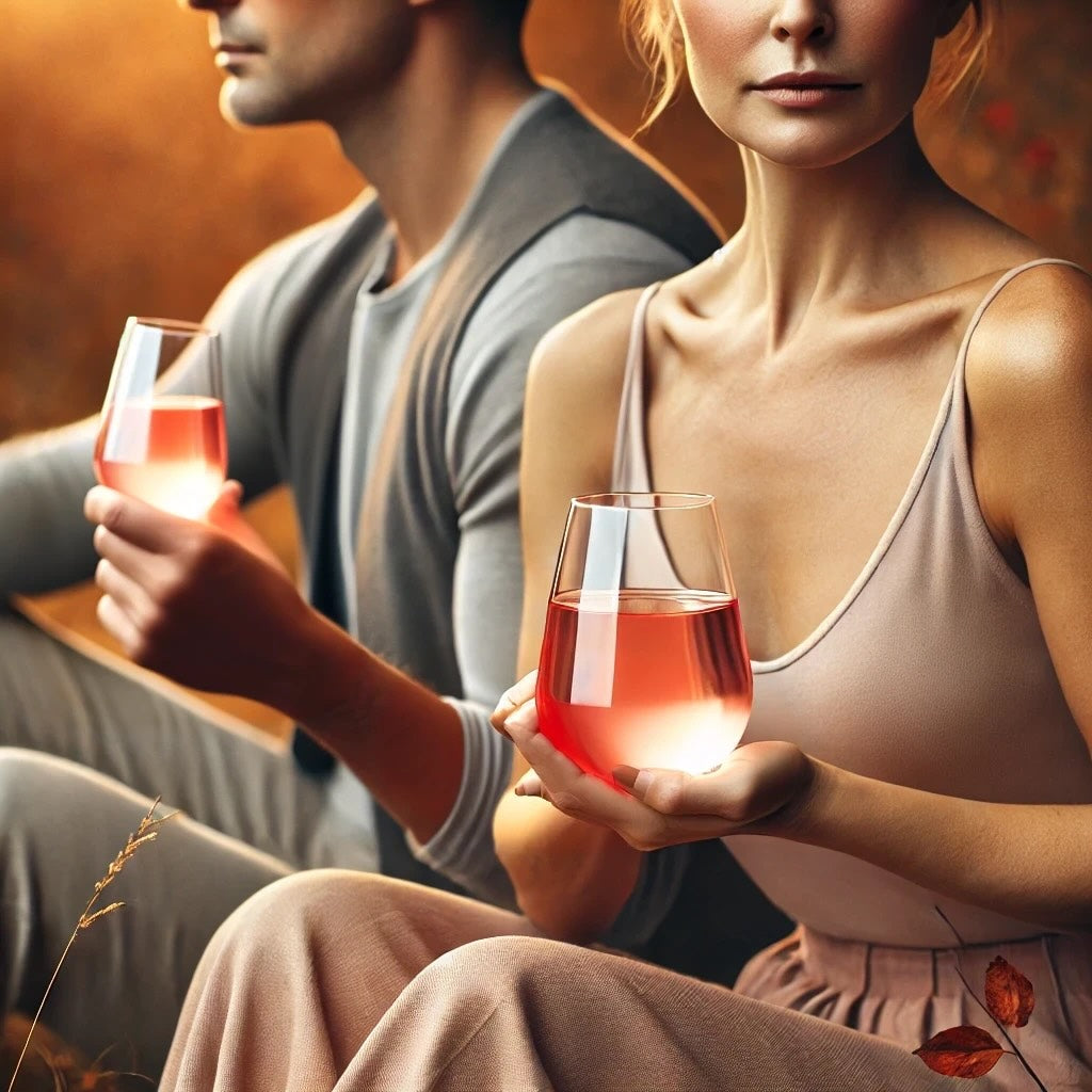 „Ein Mann legt seinen Arm um die Schultern einer Frau, die ein Glas mit einem zarten roséfarbenen Getränk hält. Die beiden sitzen entspannt in einer herbstlichen Umgebung, die Harmonie und Wellness symbolisiert, passend zur Marke Beautyhacker.“